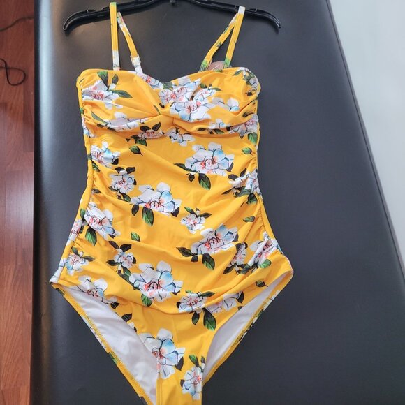 NWT - Smismivo Yellow Floral One-Piece Swimsuit With Ruched Front & Adjustable S - Picture 3 of 16